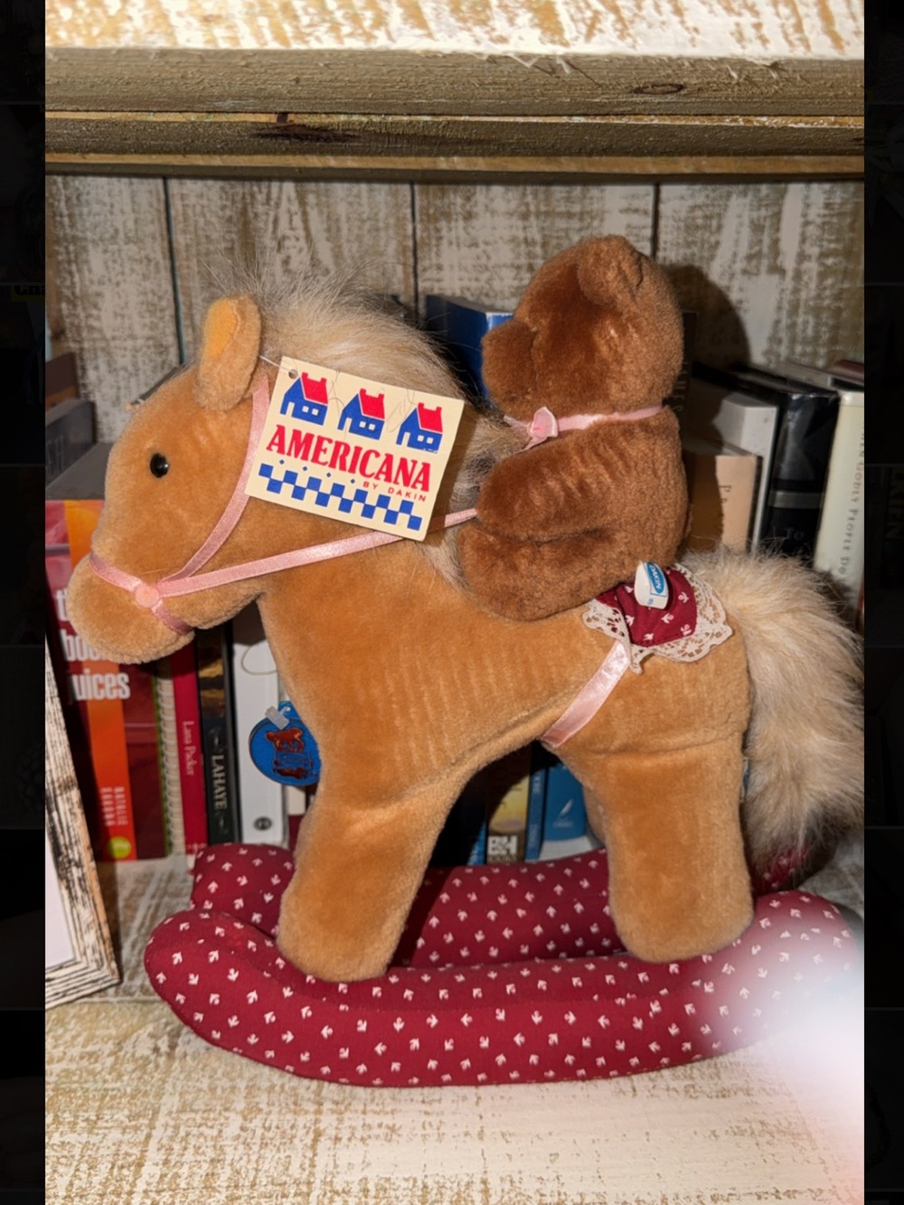 Vintage Americana Plush Rocking Horse Toy with Bear Rider - Brown